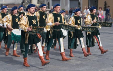 Participants of the National championship of the medieval flag bearers and musicians in Faenza,...