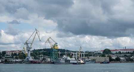 View in the cargo port of Sevastopol on a cloudy autumn dayのeditorial素材