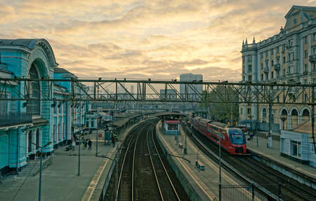 View of the Belorussky railway station in Moscow in the evening twilight in autumn