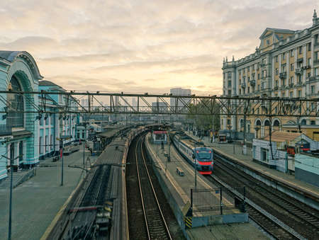 View of the Belorussky railway station in Moscow in the evening twilight in autumnのeditorial素材