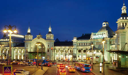 View of the Belorussky railway station in Moscow in the evening lightのeditorial素材
