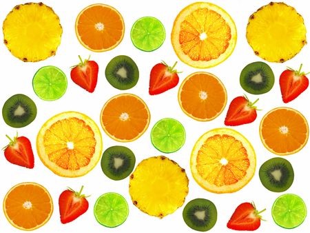 Assorted sliced fruit on a white background.     の写真素材