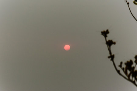 red sun over smoke in Brazil's firesの写真素材