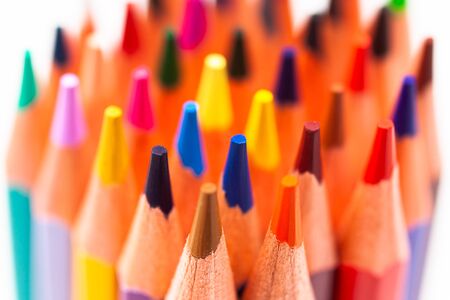 the tips of colored pencils on a white background, close-upの写真素材