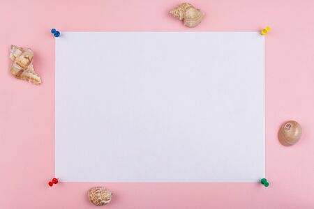 white sheet fastened with clerical multi-colored buttons on a pink backgroundの写真素材