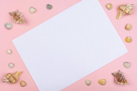 at the corners of the pink background are shells. White sheet diagonally in the centerの写真素材