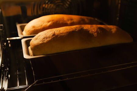 homemade bread is baked in the ovenの写真素材