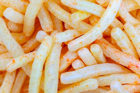 Potato chips close-up, use as texture or backgroundの写真素材