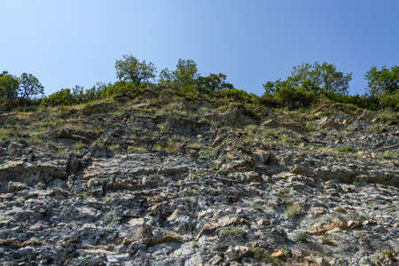 sheer rock with trees on top against a clear blue sky