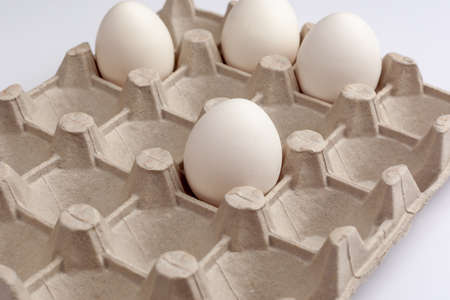 4 white chicken eggs in a chicken egg cage on a white background