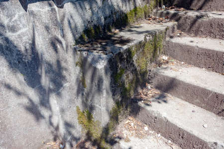 An old stone staircase on a clear day, on the stairs a shadow from a tree branch