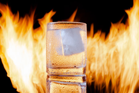 glass of water with ice against the flamesの写真素材