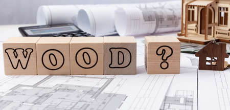 wooden cubes with the inscription of a wood, a question mark