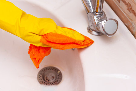 hand in a yellow rubber glove wipes the sink in the bathroomの写真素材