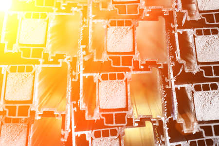 Steel factory warehouse displayed aluminum profile for window, door, bathroom boxの写真素材