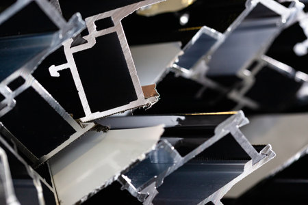 Steel factory warehouse displayed aluminum profile for window, door, bathroom boxの写真素材