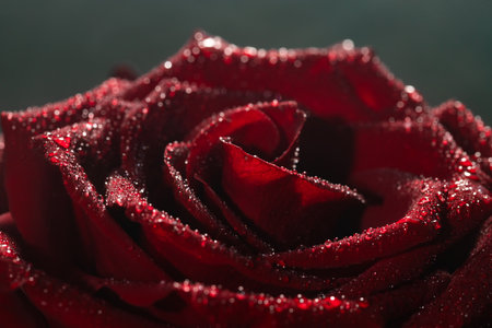 Blooming red rose bud in water drops and mist close-up on a black backgroundの写真素材