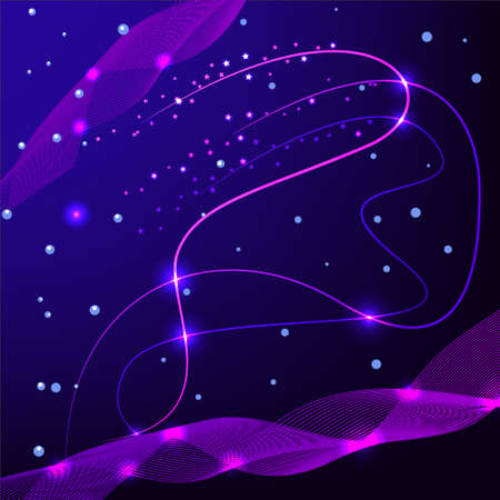 Abstract illustration of blue and violet lines, bubbles and stars.のイラスト素材