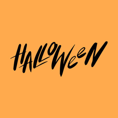Black Lettering Halloween On Orange Background. Holiday calligraphy for banner, poster, greeting card, party invitation. Isolated illustration.のイラスト素材