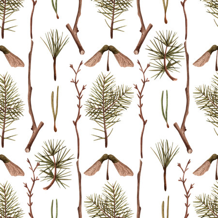 Pattern with fir and branches. Botanical natural forest theme. Watercolor isolated illustration on...