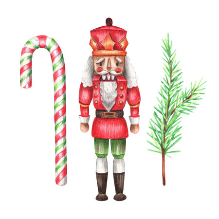 Christmas set with Nutcracker and candy. New year's theme. Pencil isolated illustration on a white...