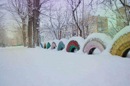 To play in the yard of the house, in the snow winter.の写真素材