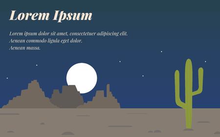Cactus at night in the desert, amid mountains, the moon and the starry sky,  illustration flatのイラスト素材