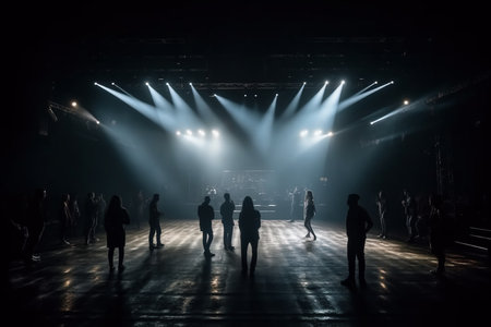 Silhouettes of people dancing on stage. Light from stage.の素材