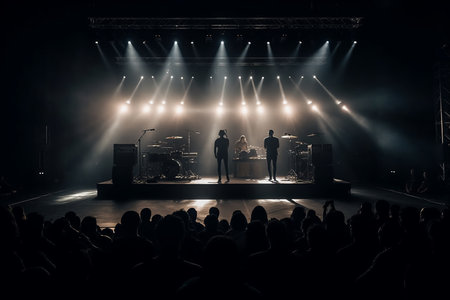 Concert crowd in front of a live concert stage with lights and smokeの素材