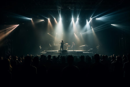 Concert crowd in front of a live concert stage with lights and smokeの素材