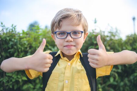 Portrait of blond boy with glasses showing thumbs up in park