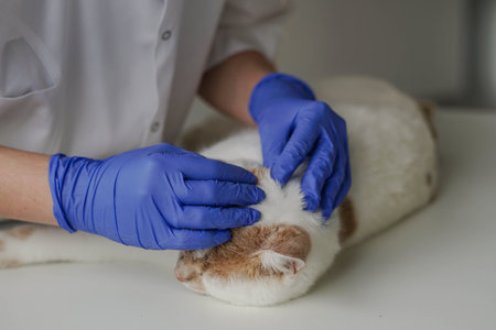 Woman vet examining a cat on the table. Veterinarian searching for cat parasites.の写真素材