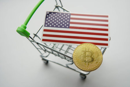 Small shopping cart with golden bitcoin btc and flag of the United States of America USA on the...