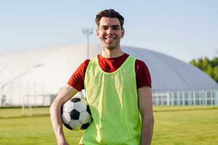 Portrait of a smiling young man football player with a soccer ball at sunsetの写真素材