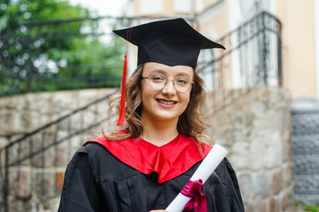 Portrait of a beautiful smiling graduated student girl in black academic gown holding diploma....