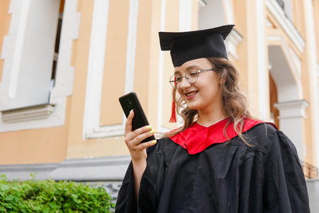 Happy smiling female graduate student in academic gown using smartphone over university campus backgroundの写真素材