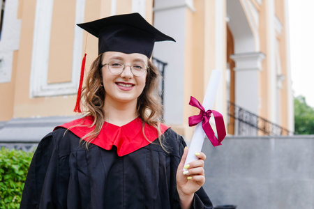 Portrait of a happy smiling graduated student girl in black mortarboard holding diploma. Celebrating graduation ceremony.の写真素材
