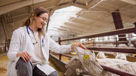Veterinarian checking cute goats at domestic farm. Vet taking care of farm animals.の写真素材