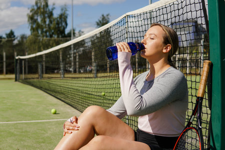 Young woman tennis player sitting on the court and drinking water during a tennis match.の写真素材