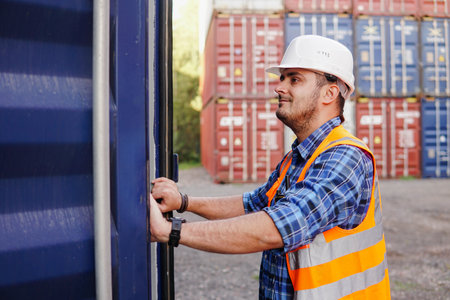 Young man container worker wearing white helmet opening containers checking goods at a port...