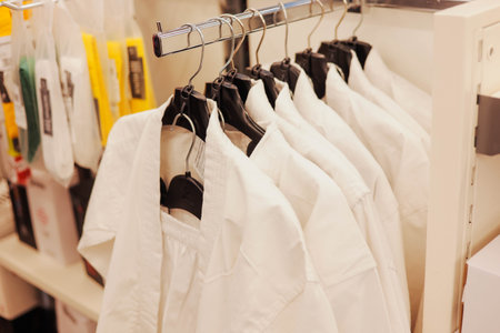 White keikogi kimono for karate and other fightings in sports store.