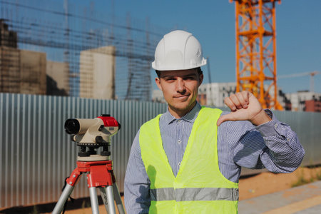 Engineer surveyor with survey camera showing thumbs downの写真素材