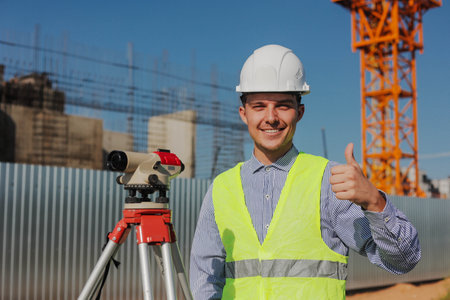 Happy engineer surveyor with survey camera showing thumbs upの写真素材