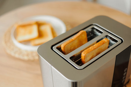 Two pieces of fried golden bread in toaster. Morning meal.の写真素材