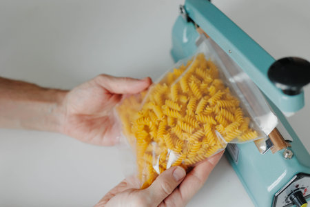 Young man using plastic bag sealing machine for fusilli pasta packaging.の写真素材