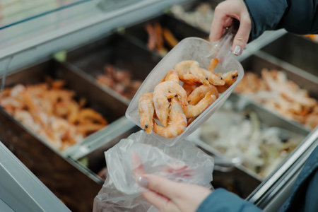 Young woman customer choosing fresh raw shrimp from assortment of fish store