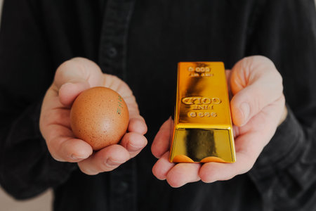 Egg and gold bar in a mans hand. High prices for eggs concept.の写真素材