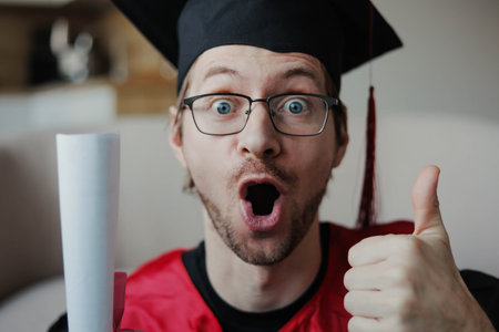 Excited funny man in black graduation gown and cap showing diploma. Close up.