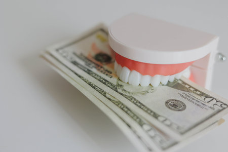 Jaw mockup with dollar money. Cost of dental services concept.の写真素材