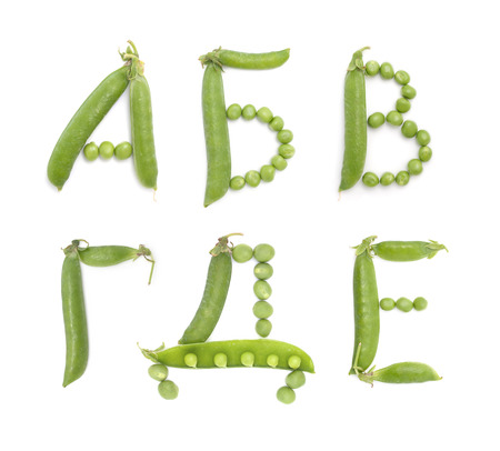 Letters of russian alphabet with unique design of the pods of green peas. ABC. Each letter represents a unique and inimitable combination of pods and peas.の写真素材